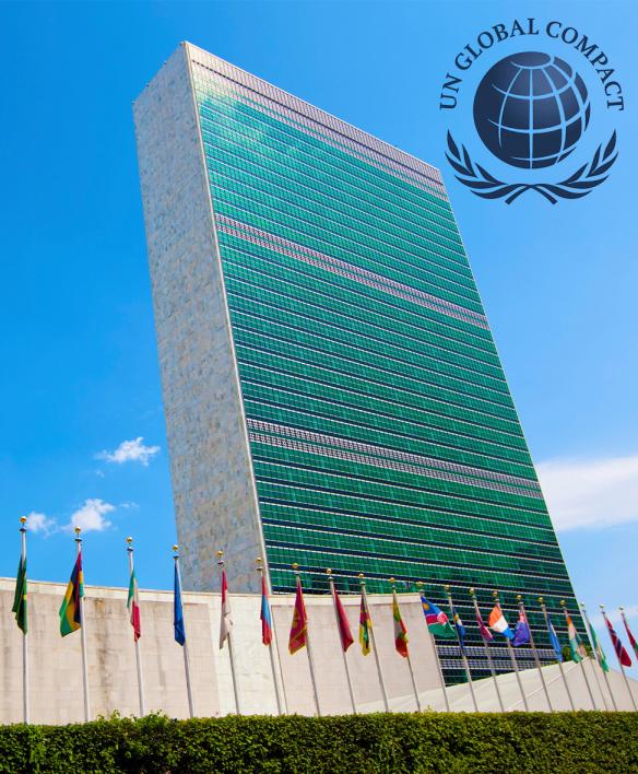 The UN Global Compact logo featuring a blue globe with blue wheat underneath.